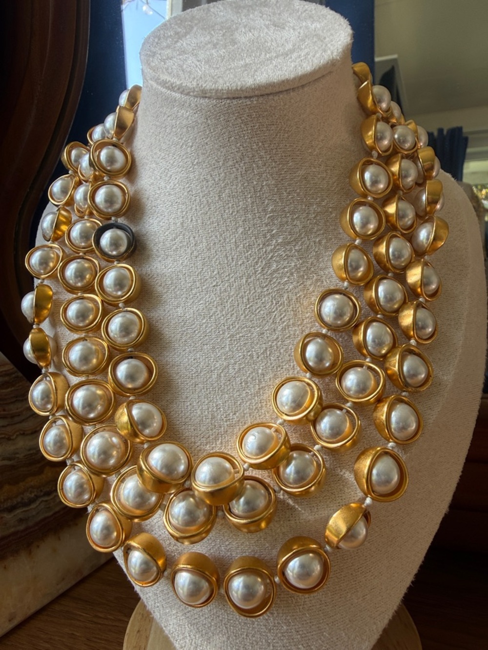 Signed Triple Strand Gold and Pearl Statement Necklace 12-16”